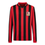 Red and black vertical striped long-sleeve football (soccer) jersey with a crest patch on the left chest.
