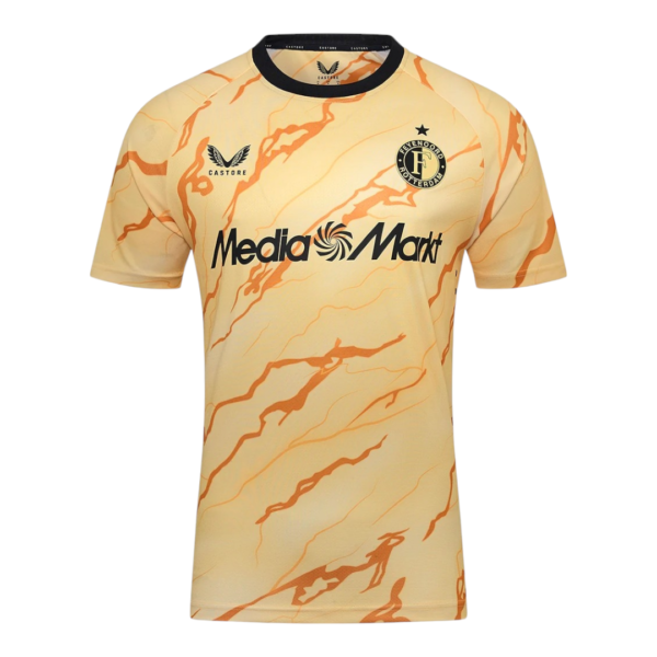 Yellow marble-patterned football jersey featuring the MediaMarkt sponsor and Feyenoord badge on the chest with Castore branding.