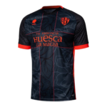 Dark navy soccer jersey with red piping and side panels, left chest crest, and 'Tu Provincia Huesca La Magia' across the front.