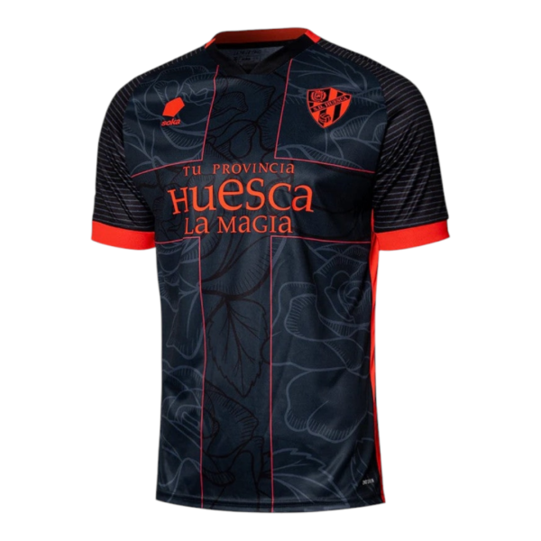 Dark navy soccer jersey with red piping and side panels, left chest crest, and 'Tu Provincia Huesca La Magia' across the front.