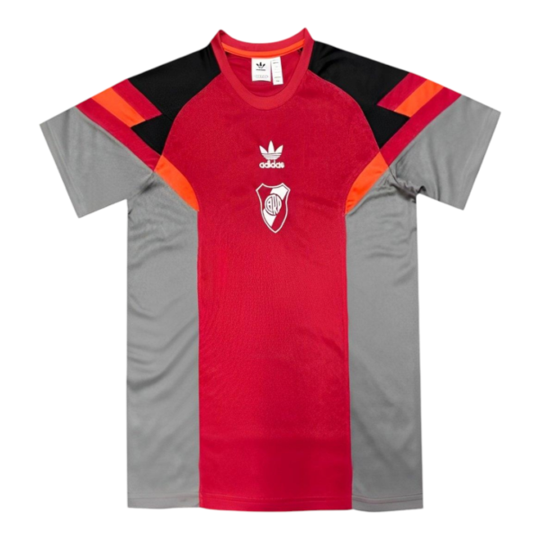 Red center-panel athletic jersey with gray side panels and black shoulders, featuring the Adidas logo and a club crest on the chest.