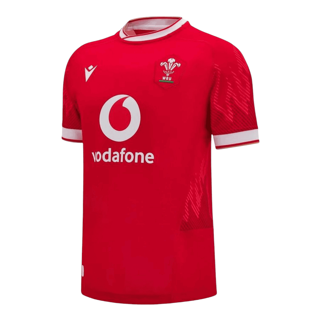 Photoroom-20250127-021655 | UAE SPORT STORE Red rugby jersey with Vodafone sponsor logo and WRU crest on the chest, white trim at collar and sleeves, short-sleeve design.