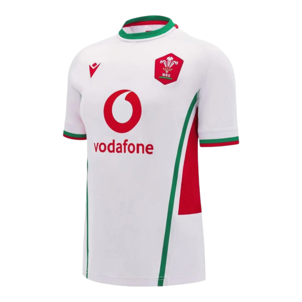 Front view of a white Wales rugby jersey with Vodafone sponsor logo and WRU crest, green and red trim details on collar and sides.