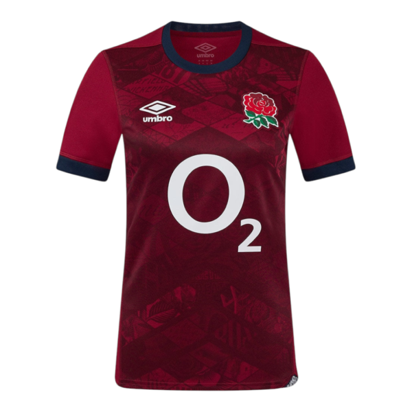 Maroon rugby jersey with navy collar and sleeves, featuring O2 sponsor logo and a rose crest on the chest.