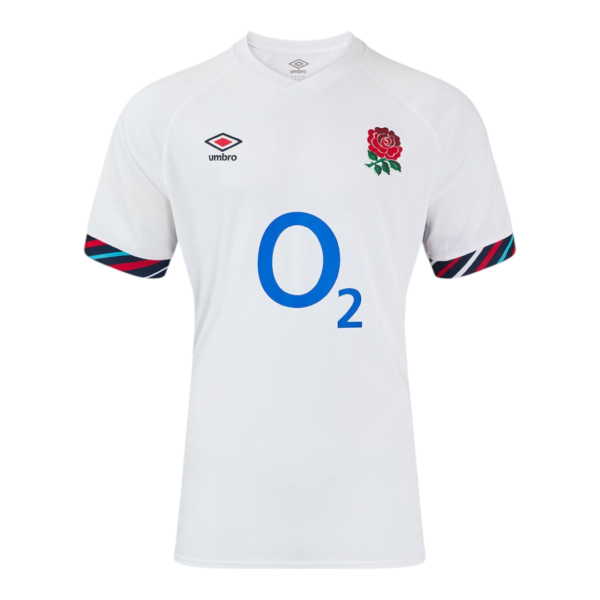 White rugby jersey with a red rose crest on the left chest, a small Umbro logo on the right chest, and a blue O2 sponsor logo in the center; navy and red striped cuffs on the sleeves.