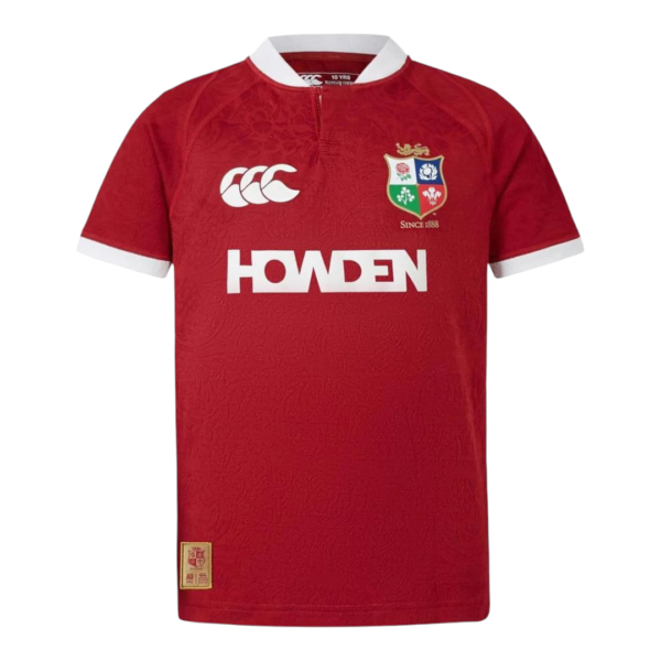 Red rugby jersey with white collar and cuffs, crest on left chest and HOWDEN sponsor across the front.
