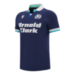 Navy rugby jersey with white collar, Scotland crest, and Arnold Clark sponsor text across the chest.
