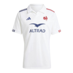 White polo rugby jersey featuring a red French rooster crest and ALTRAD sponsor logo with blue shoulder stripes and decorative adidas-style marks on the sleeves.