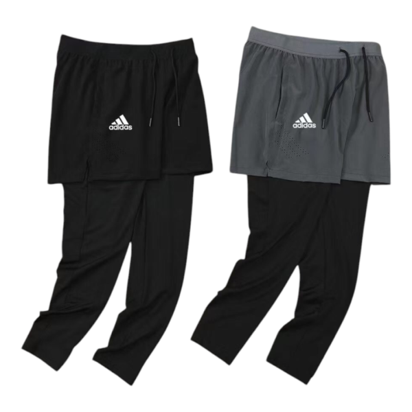 Two Adidas athletic pants with attached shorts: left in black, right in gray, both with white Adidas logo