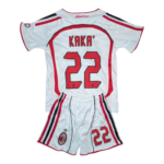 White AC Milan soccer jersey and shorts set with 'KAKA' 22 on the back and team crest on shorts.