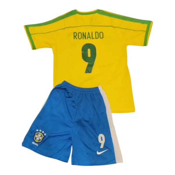 Brazil national team football kit: yellow jersey with Ronaldo 9 on back and blue shorts with number 9 and Brazil crest on the shorts