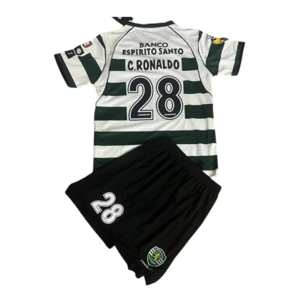 Green-and-white striped soccer jersey with large number 28 on back and 'C. Ronaldo', paired with black shorts displaying a crest.