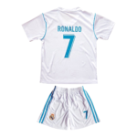 Photoroom-20250210-170927 | UAE SPORT STORE Back view of a white Real Madrid soccer jersey with blue trim and a large turquoise number 7 on the back.