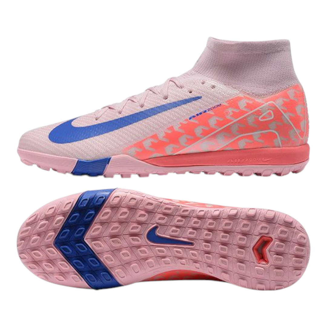 Photoroom-20250224-043316 | UAE SPORT STORE Pink athletic soccer shoe with a sock-like collar and blue Nike swoosh, shown from side and bottom.