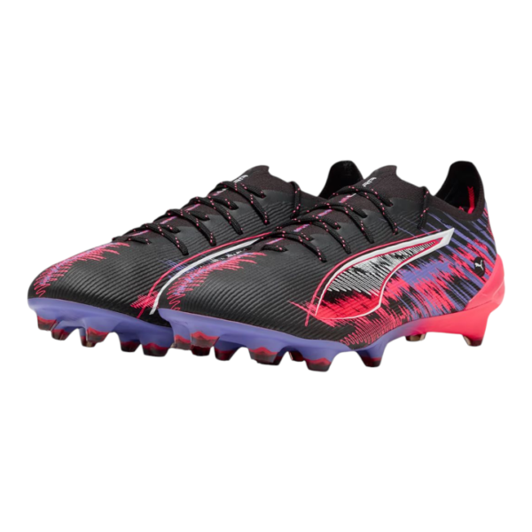 Pair of black soccer cleats with pink laces, purple outsole, and bright pink accents.