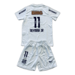 Back view of a white Neymar Jr soccer jersey with number 11 and matching shorts; features Santos crest on the shorts and a Nike logo on the shorts.