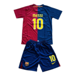 FC Barcelona football kit: red and blue split jersey with 'MESSI' and number 10, paired with blue shorts featuring a yellow 10 and club crest