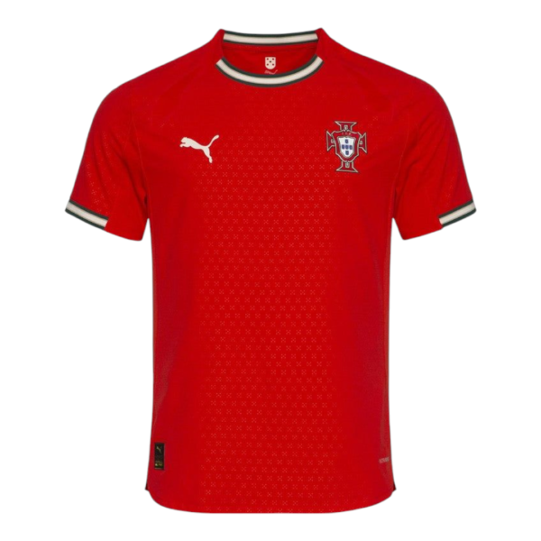 Red Portugal national football team jersey featuring a white Puma logo and the crest on the chest, with a dotted front pattern and striped collar and sleeve cuffs.