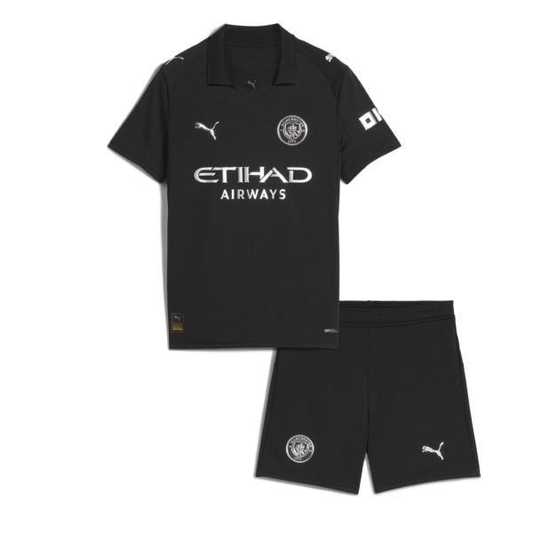Black Manchester City football jersey in black with crest and Etihad Airways sponsor, paired with black shorts.”,