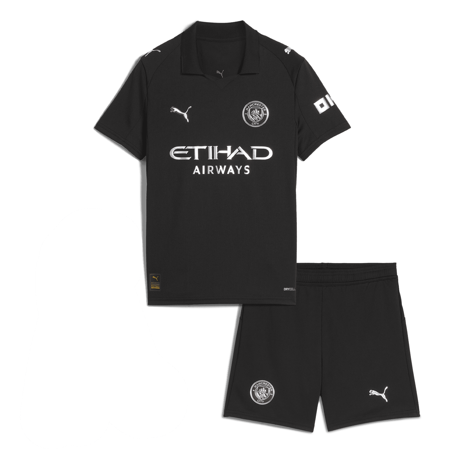 Product_set_Away_1_edit_1 | UAE SPORT STORE Black Manchester City football jersey in black with crest and Etihad Airways sponsor, paired with black shorts.”,