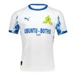 Front view of a white soccer jersey with blue collar and patterned blue sleeves; sponsor 'UBUNTU - BOTHO' and club crest on left chest.