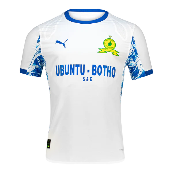 Front view of a white soccer jersey with blue collar and patterned blue sleeves; sponsor 'UBUNTU - BOTHO' and club crest on left chest.