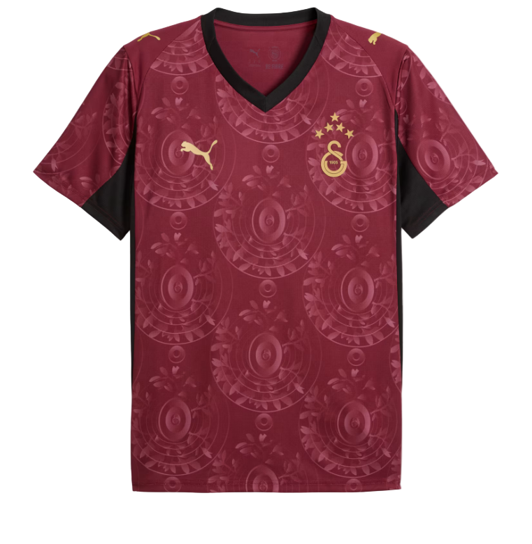 Q4 | UAE SPORT STORE Maroon Galatasaray football jersey with black V-neck, Puma logo, and crest with stars.