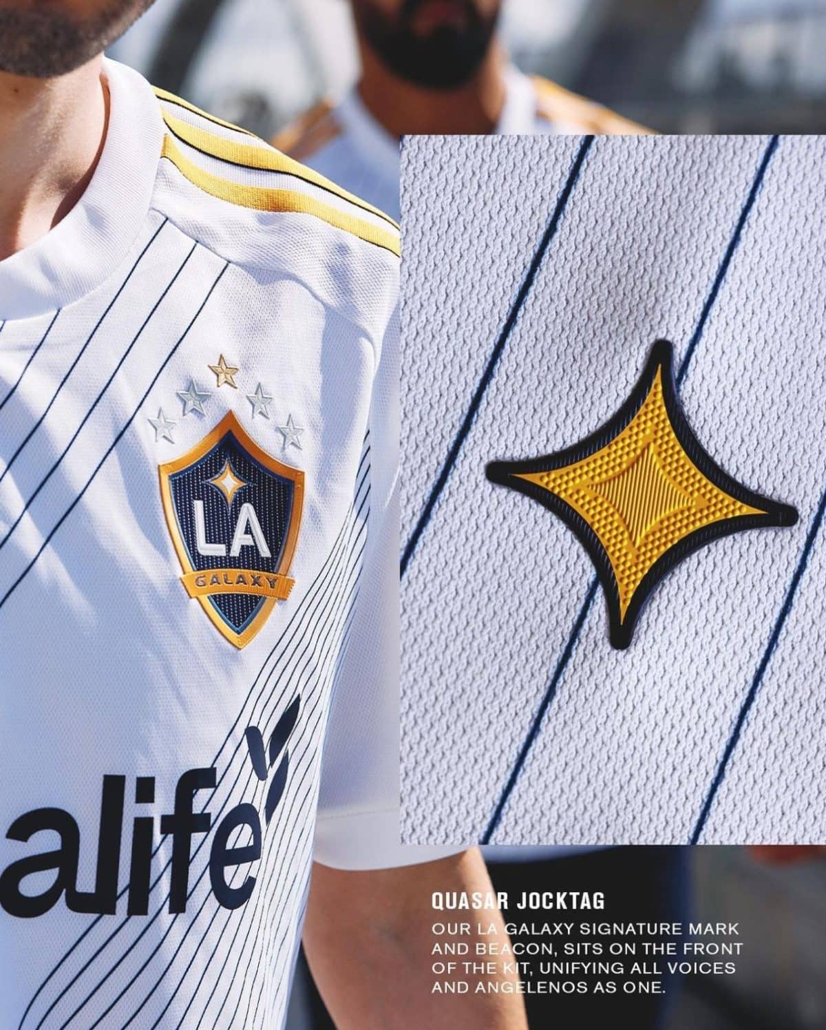 White LA Galaxy jersey with navy pinstripes and crest featuring 'LA' and stars; large 'galaxy' wordmark visible, partial text at bottom.