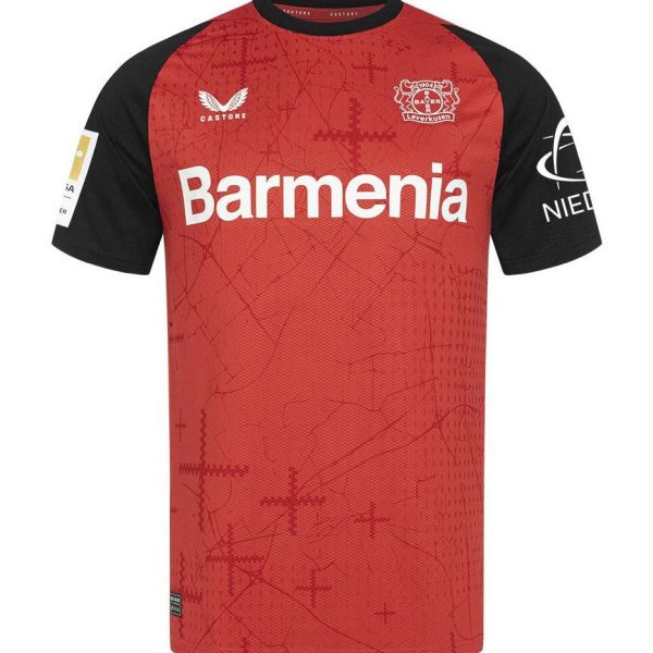 Red Bayer Leverkusen soccer jersey with black sleeves and Barmenia sponsor on front, featuring team crest on chest.