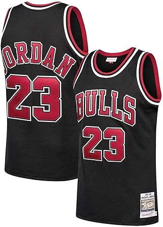 Front and back views of black Chicago Bulls basketball jerseys, with red white trim and the number 23; front shows BULLS 23, back shows JORDAN 23.