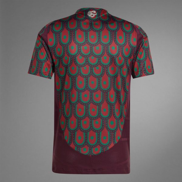 Back view of a maroon shirt with a teal and green repeated scalloped pattern across the fabric.
