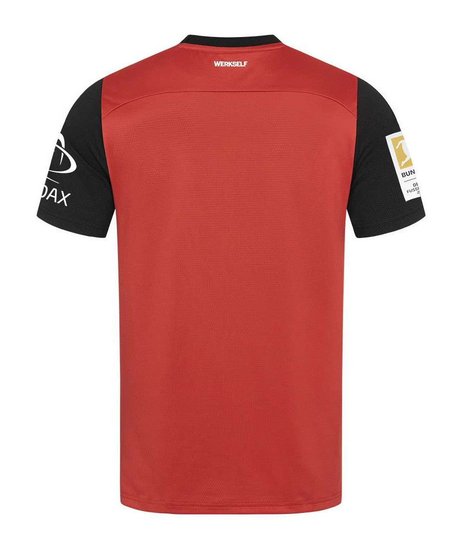 QgZFRrzYZEKdeSi | UAE SPORT STORE Back view of red athletic jersey with black sleeves and sponsor logos on both sleeves.
