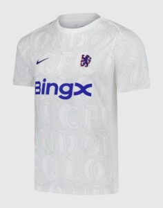White Chelsea FC away jersey with a subtle London text pattern, blue BingX sponsor across the chest, and Nike swoosh with club crest.