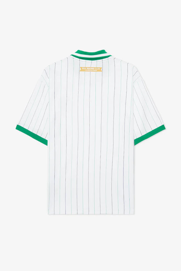 RACINGSHORTSLEEVE_02_600x_0af5e686-140f-42f4-90f2-b2bf1d87830e | UAE SPORT STORE Back view of a white polo shirt with thin green vertical pinstripes, green collar, and green sleeve cuffs.