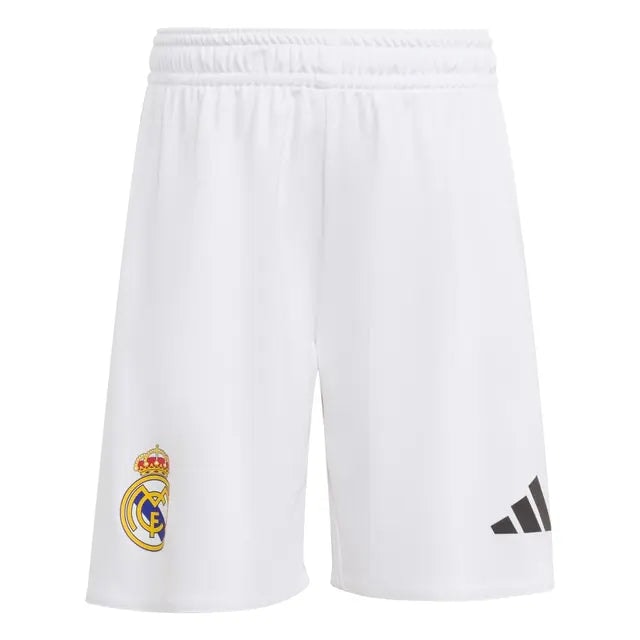 RMCFIO0043_02 | UAE SPORT STORE White Real Madrid football shorts with the club crest on the left leg and the Adidas logo on the right leg, elastic waistband.
