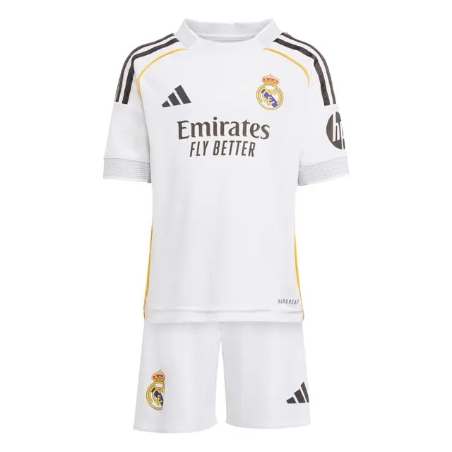 RMCFIO0043_03 | UAE SPORT STORE Real Madrid white away football kit: jersey with Emirates Fly Better sponsor, crest, and Adidas stripes paired with white shorts.