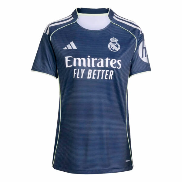 Real Madrid navy football jersey with Emirates Fly Better sponsor and white accents, Adidas logo, and club crest.