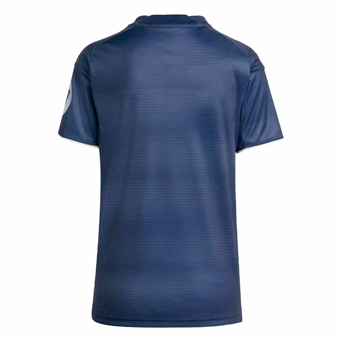 Back view of a navy blue striped polo shirt with short sleeves on a white background.