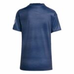 Back view of a navy blue striped polo shirt with short sleeves on a white background.