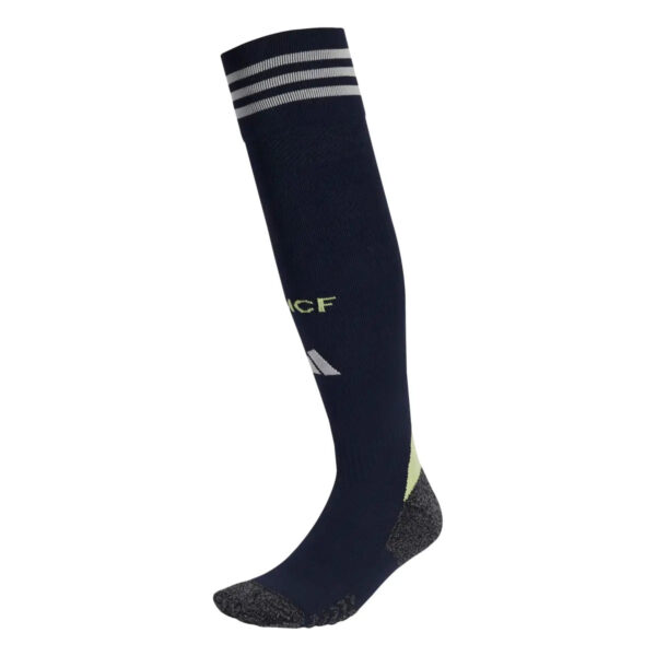 Navy knee-high athletic sock with white stripes at the cuff and reinforced gray toe and heel.