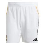 RMCFMP0301_01 | UAE SPORT STORE White Real Madrid soccer shorts with yellow side piping, Real Madrid crest on the left leg and Adidas logo on the right leg, elastic waistband.