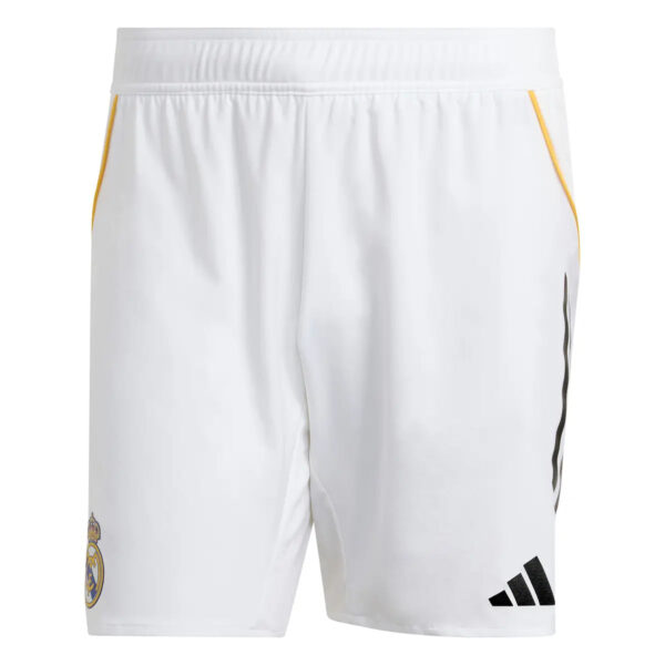 White Real Madrid soccer shorts with yellow side piping, Real Madrid crest on the left leg and Adidas logo on the right leg, elastic waistband.