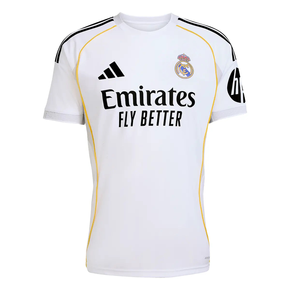 RMCFMZ0899_01 White Real Madrid soccer jersey with team crest and Emirates Fly Better sponsor across the chest, yellow piping detail.