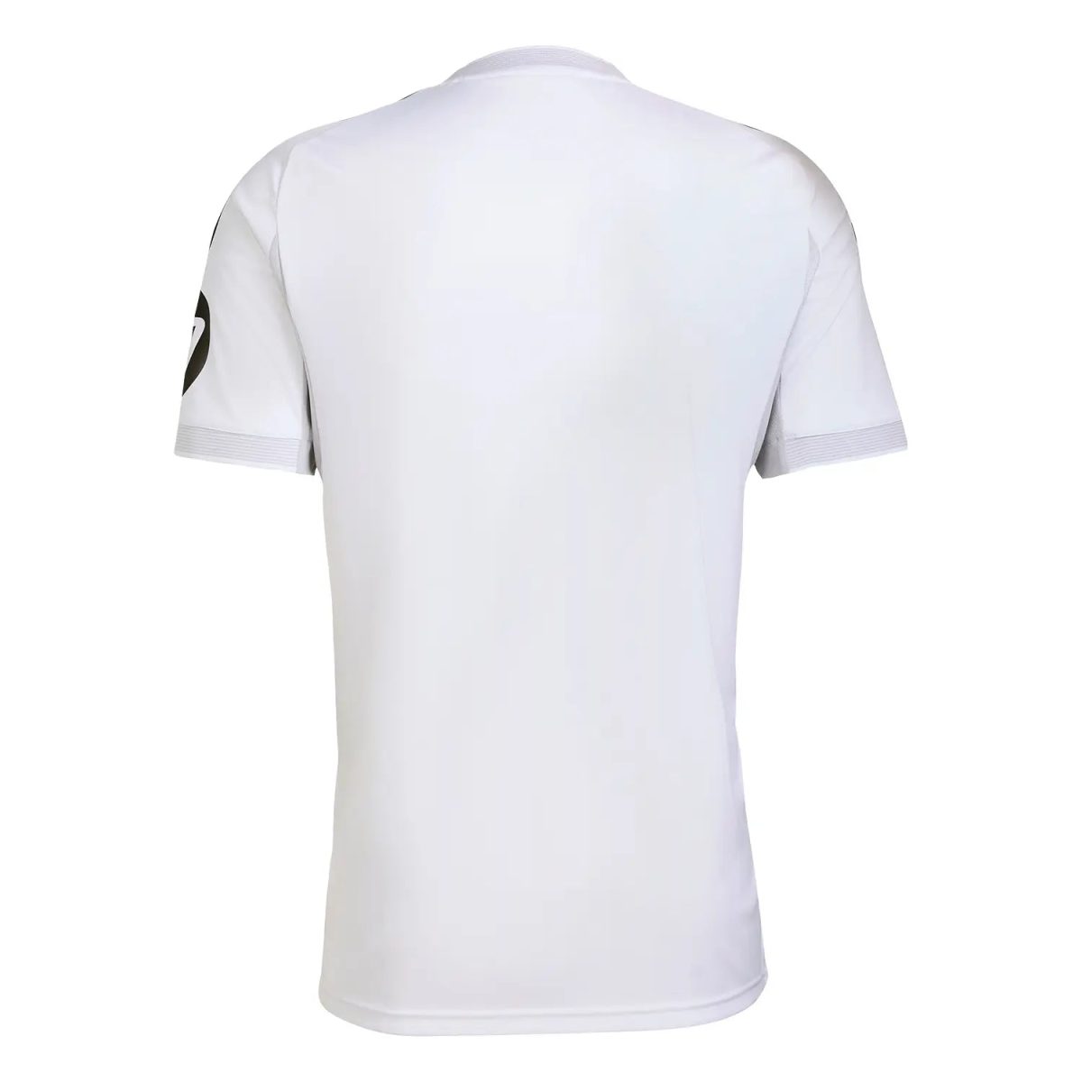 Back view of a plain white short-sleeve sports jersey with a dark patch on the left sleeve edge