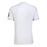 Back view of a plain white short-sleeve sports jersey with a dark patch on the left sleeve edge