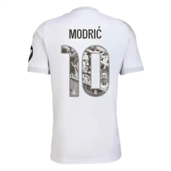 White Real Madrid football jersey shown from the back, with the name Modrić and number 10 filled with a grayscale collage.