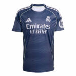 Real Madrid football jersey in dark blue with the Emirates Fly Better sponsor and club crest on the chest.