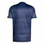 Back view of a navy blue polo shirt with subtle horizontal stripes, short sleeves, on a white background.