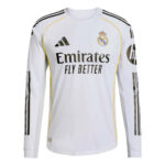 RMCFMZ0902_01 | UAE SPORT STORE White Real Madrid soccer jersey with Emirates Fly Better sponsor text and club crest, front view with black Adidas stripes and yellow piping.