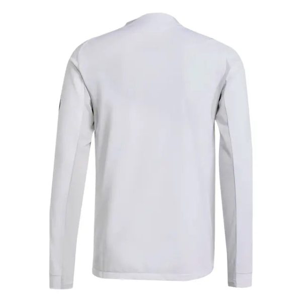 Back view of a plain white long-sleeve shirt against a white background.
